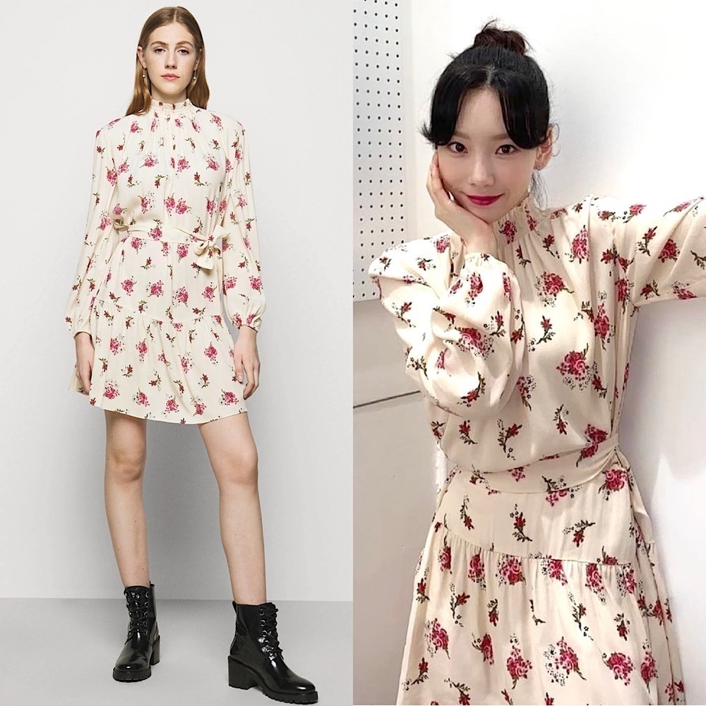 MAJE Floral Crepe Smocked Ruffle High Neck Long Sleeve Flounce Hem Mini Dress XS